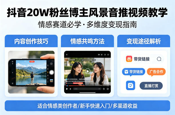 抖音20W粉丝博主风景音推视频教学，情感赛道必学，各种变现途径-速聚网
