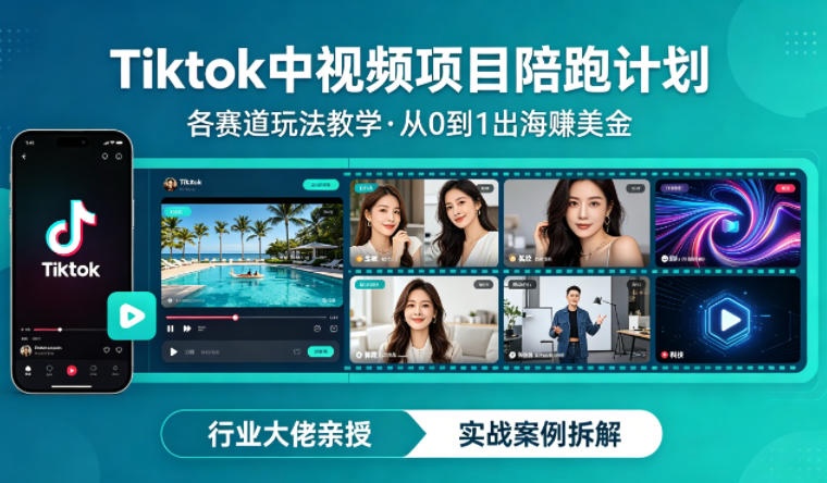 某大佬的Tiktok中视频项目陪跑,涵盖TK各个赛道玩法教学,从0到1出海賺美金-速聚网