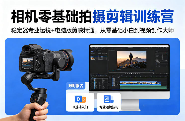 相机零基础拍摄剪辑训练营:稳定器专业运镜+电脑版剪映精通,从零基础小白到视频创作大师-速聚网